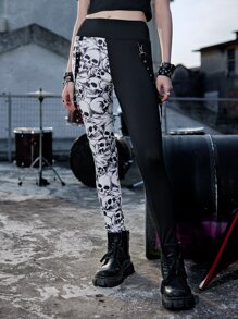ROMWE Grunge Punk 骷髅頭圖案雙色緊身打底褲 - 黑與白 - 查看 1