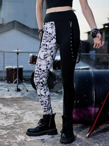 ROMWE Grunge Punk 骷髅頭圖案雙色緊身打底褲 - 黑與白 - 查看 2