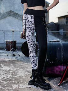 ROMWE Grunge Punk 骷髅頭圖案雙色緊身打底褲 - 黑與白 - 查看 3