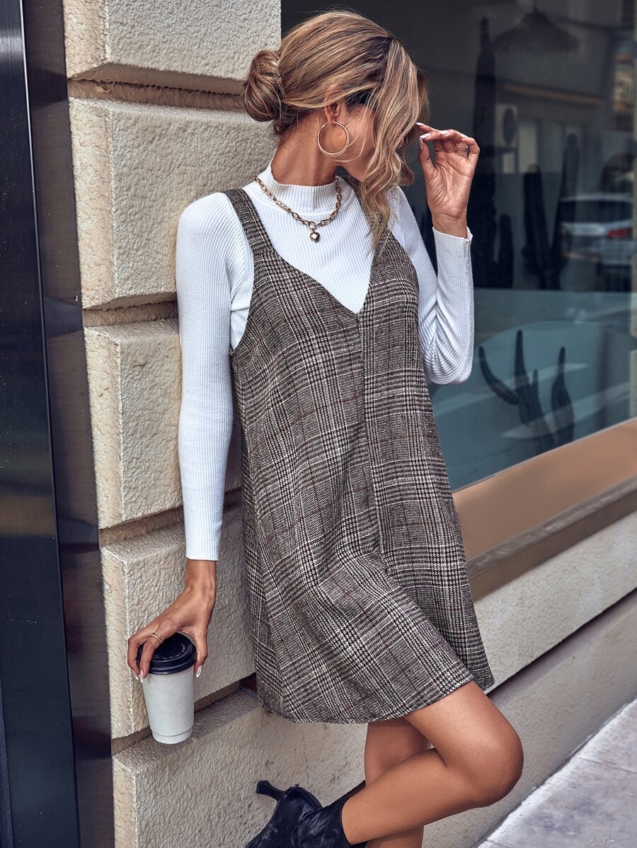 SHEIN LUNE Plaid Pinafore Dress Without Tee - Mocha Brown - View 1