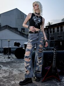 ROMWE Grunge Punk 骷髅頭圖案背心上衣 - 黑色 - 查看 5