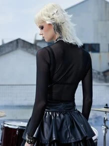 ROMWE Grunge Punk Tops de mujeres Bordado Transparente Geométrico Sexy - Negro - Ver 6