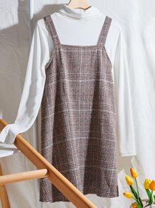 SHEIN LUNE Plaid Pinafore Dress Without Tee - Mocha Brown - View 7