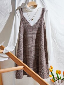 SHEIN LUNE Plaid Pinafore Dress Without Tee - Mocha Brown - View 8
