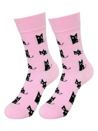 1雙女士卡通貓樣式可愛中筒襪