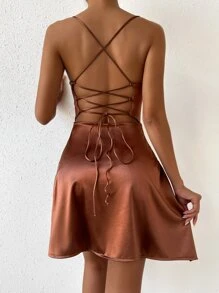 Chiquease Draped Collar Lace Up Backless Satin Cami Dress - Coffee Brown - View 2