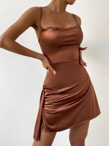 Chiquease Draped Collar Lace Up Backless Satin Cami Dress - Coffee Brown - View 6