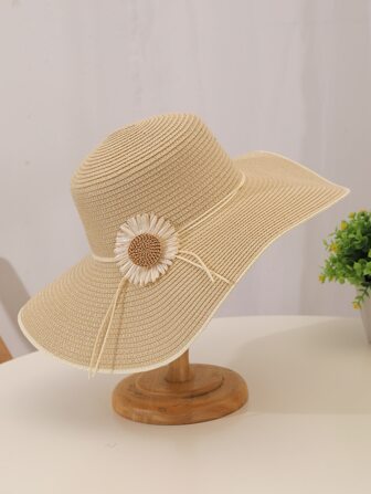 1入組女士花朵裝飾波西米亞草編帽,適用於海灘