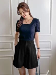 DAZY 纯色斜口袋阔腿短裤（无腰带）夏季，返校服 - 黑色 - 查看 4