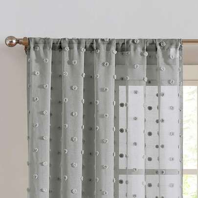 1入組絨球裝飾透明面板窗簾織物濾光隱私透明窗簾適用於客廳和臥室四季皆宜