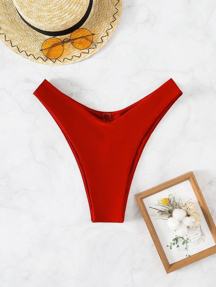 Swim Basics Summer Beach Plain High Cut Bikini Bottom - Red - View 1