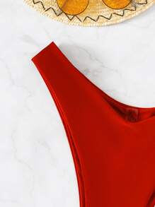 Swim Basics Summer Beach Plain High Cut Bikini Bottom - Red - View 5