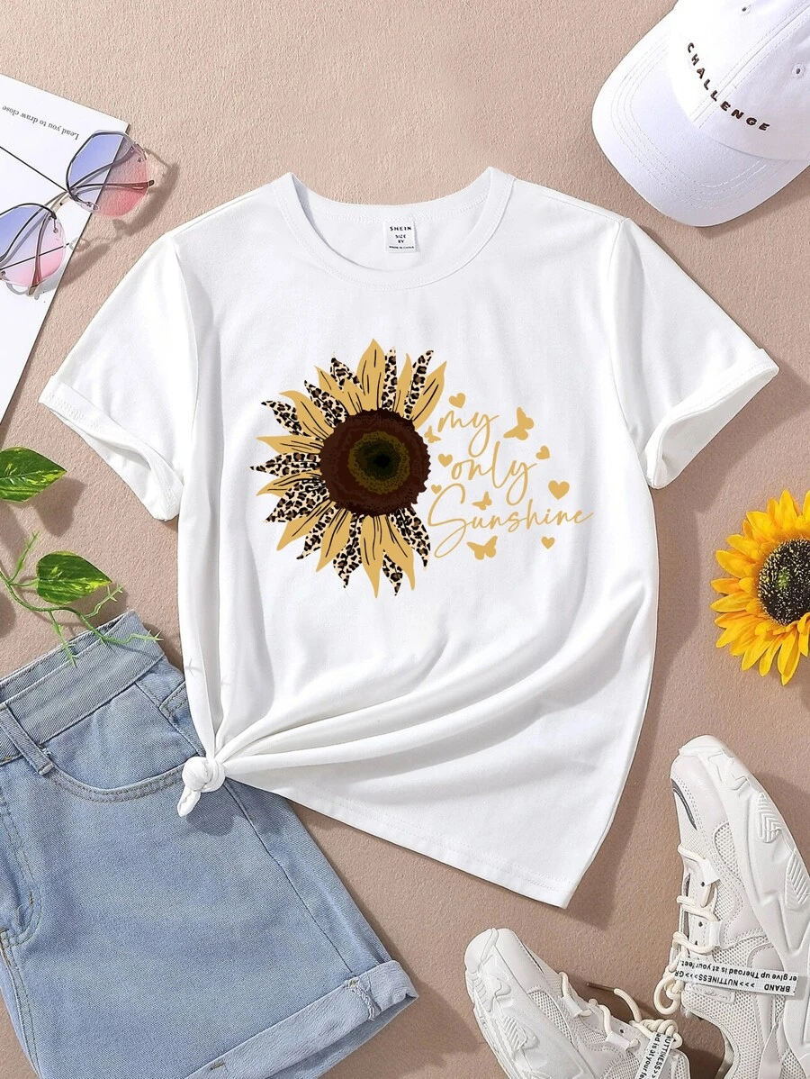 Tween Girl Leopard Print Sunflower, Letter & Butterfly Printed Short Sleeve T-shirt For Spring/summer - White - View 1