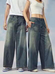 Claim Dot 1Pc Loose Fit Slant Pocket Wide Leg Jeans Oversize Long Acid Wash Dark Jean Cargo Plain Blue Party Y2K Couple Matching - Dark Wash - View 1