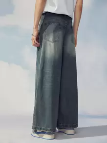 Claim Dot 1Pc Loose Fit Slant Pocket Wide Leg Jeans Oversize Long Acid Wash Dark Jean Cargo Plain Blue Party Y2K Couple Matching - Dark Wash - View 2