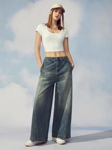 Claim Dot 1Pc Loose Fit Slant Pocket Wide Leg Jeans Oversize Long Acid Wash Dark Jean Cargo Plain Blue Party Y2K Couple Matching - Dark Wash - View 3