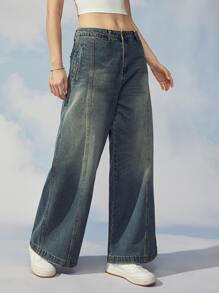 Claim Dot 1Pc Loose Fit Slant Pocket Wide Leg Jeans Oversize Long Acid Wash Dark Jean Cargo Plain Blue Party Y2K Couple Matching - Dark Wash - View 4