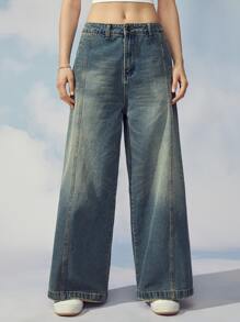 Claim Dot 1Pc Loose Fit Slant Pocket Wide Leg Jeans Oversize Long Acid Wash Dark Jean Cargo Plain Blue Party Y2K Couple Matching - Dark Wash - View 5