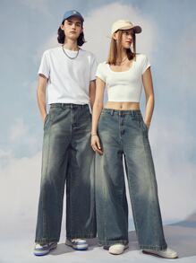 Claim Dot 1Pc Loose Fit Slant Pocket Wide Leg Jeans Oversize Long Acid Wash Dark Jean Cargo Plain Blue Party Y2K Couple Matching - Dark Wash - View 6