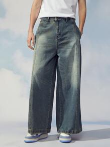 Claim Dot 1Pc Loose Fit Slant Pocket Wide Leg Jeans Oversize Long Acid Wash Dark Jean Cargo Plain Blue Party Y2K Couple Matching - Dark Wash - View 8