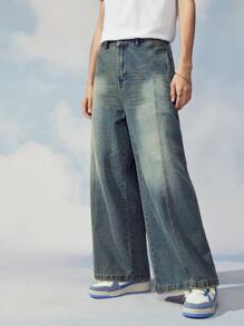 Claim Dot 1Pc Loose Fit Slant Pocket Wide Leg Jeans Oversize Long Acid Wash Dark Jean Cargo Plain Blue Party Y2K Couple Matching - Dark Wash - View 9