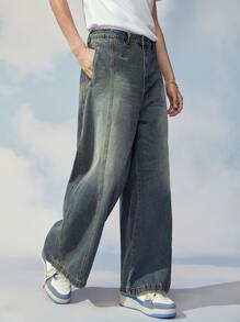 Claim Dot 1Pc Loose Fit Slant Pocket Wide Leg Jeans Oversize Long Acid Wash Dark Jean Cargo Plain Blue Party Y2K Couple Matching - Dark Wash - View 10