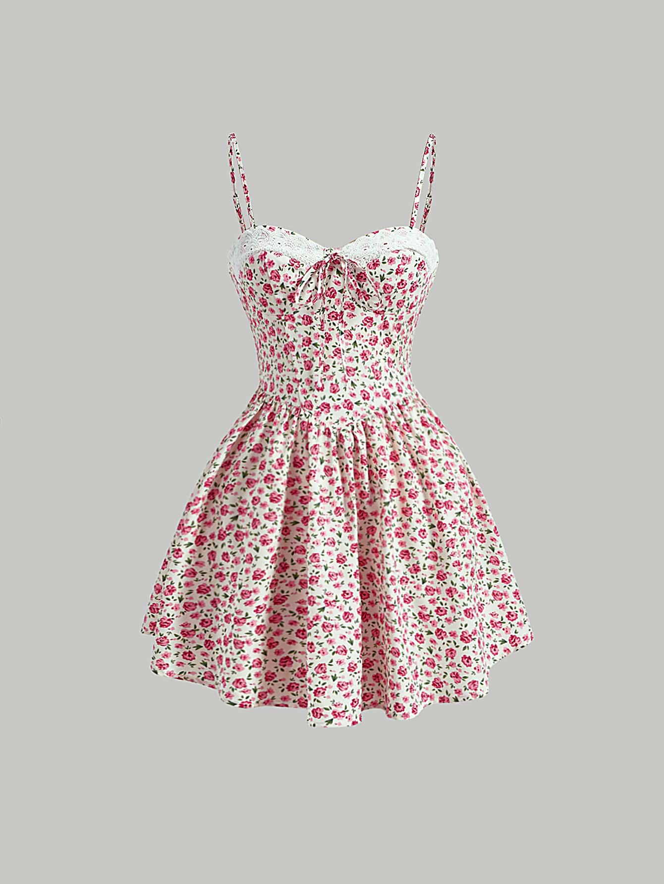 SHEIN MOD Vestido de tirantes con estampado floral con encaje en contraste