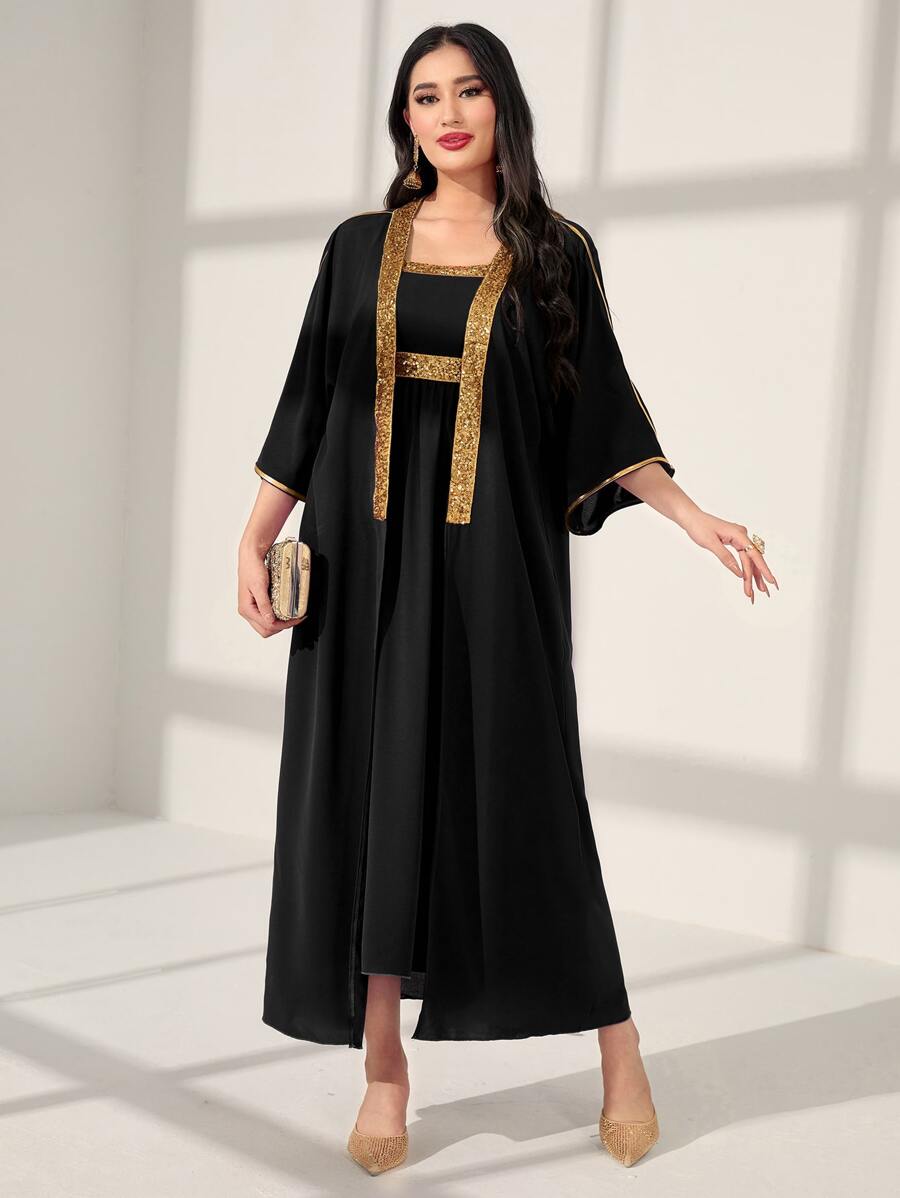 Al Najma Contrast Tape Open Front Abaya & Dress Set - Black - View 1