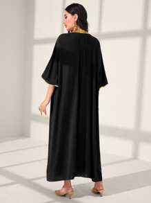 Al Najma Contrast Tape Open Front Abaya & Dress Set - Black - View 2