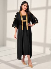 Al Najma Contrast Tape Open Front Abaya & Dress Set - Black - View 3