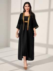 Al Najma Contrast Tape Open Front Abaya & Dress Set - Black - View 4