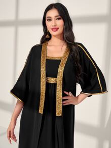 Al Najma Contrast Tape Open Front Abaya & Dress Set - Black - View 6