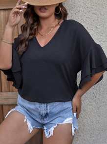 SHEIN LUNE Plus Solid Flounce Sleeve V Neck Blouse - Black - View 4