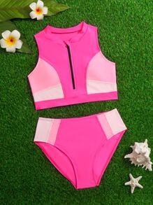 SHEIN Teen Girls Color Block Zipper Front Bikini Set Summer Beach - Hot Pink - View 1