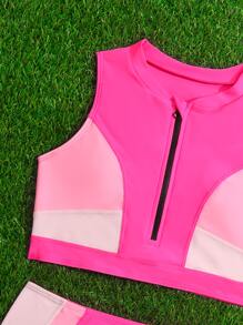 SHEIN Teen Girls Color Block Zipper Front Bikini Set Summer Beach - Hot Pink - View 3