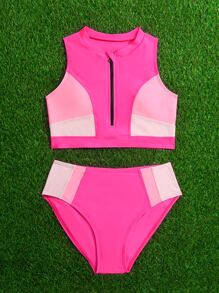 SHEIN Teen Girls Color Block Zipper Front Bikini Set Summer Beach - Hot Pink - View 5