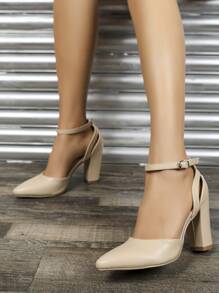 Women Ankle Strap Point Toe Chunky Heeled Pumps, Elegant Apricot Pumps - Apricot - View 3