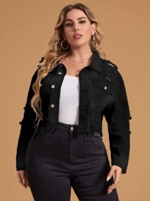 SHEIN Unity Plus Ripped Raw Cut Denim Jacket - Black - View 1