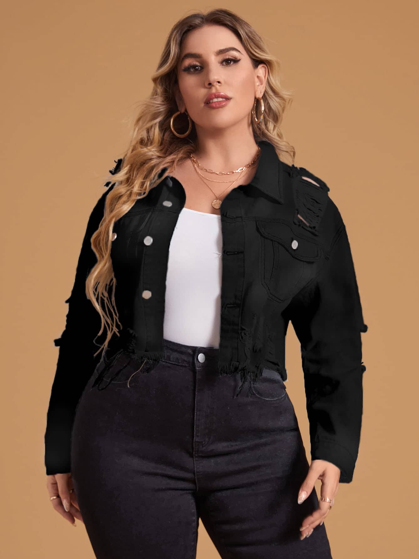 SHEIN Unity Plus Ripped Raw Cut Denim Jacket - Black - View 1