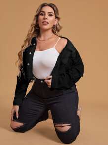 SHEIN Unity Plus Ripped Raw Cut Denim Jacket - Black - View 3
