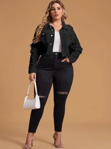 SHEIN Unity Plus Ripped Raw Cut Denim Jacket - Black - View 4