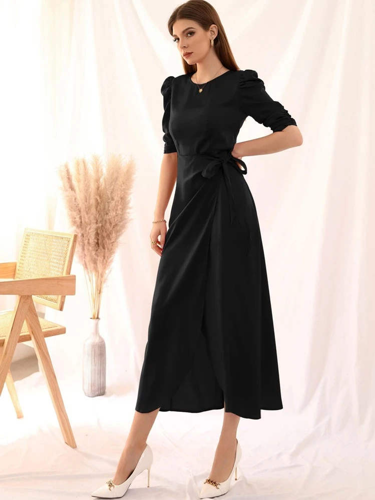 Modelyn Vestido línea A cruzado de manga farol con cordón lateral - Negro - Ver 7