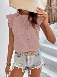 Breezaya 網眼刺繡荷葉邊T恤 - 藕粉色 - 查看 4