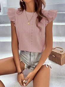 Breezaya 網眼刺繡荷葉邊T恤 - 藕粉色 - 查看 5