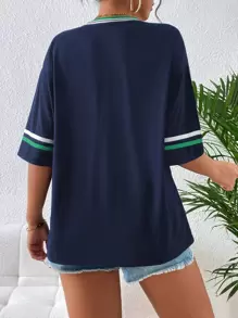 INAWLY Letter Graphic Striped Trim Drop Shoulder Tee Graphic Tees Women Tops - Navy Blue - View 2