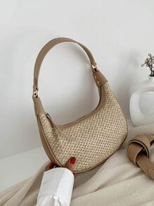 小草編包卡其色頂部單條提帶適用於度假,完美適合夏天海灘旅行度假 - 卡其色 - 查看 1