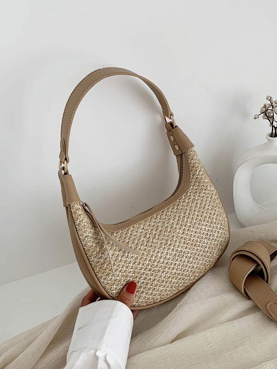 小草編包卡其色頂部單條提帶適用於度假,完美適合夏天海灘旅行度假 - 卡其色 - 查看 1