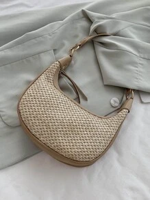 小草編包卡其色頂部單條提帶適用於度假,完美適合夏天海灘旅行度假 - 卡其色 - 查看 2