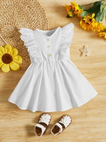 SHEIN 嬰兒網眼刺繡荷葉邊前紐扣洋裝 - 白色 - 查看 1