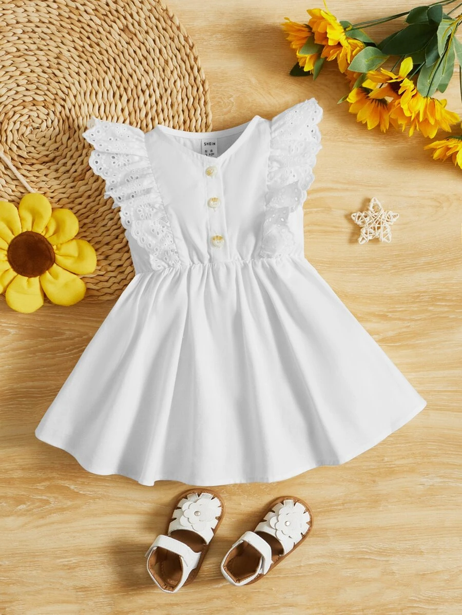 SHEIN 嬰兒網眼刺繡荷葉邊前紐扣洋裝 - 白色 - 查看 1